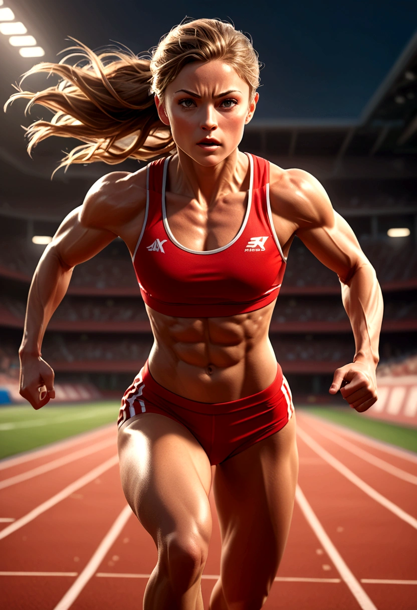 a muscular female athlete, athletic body, strong muscles, running pose, dynamic motion, outdoor sports field, blue sky, sunlight, sweat, determination, sports equipment