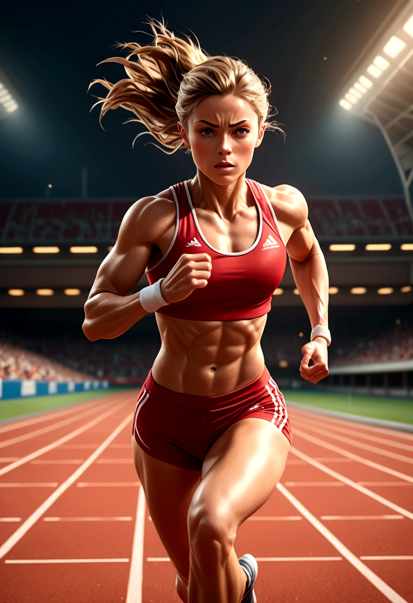 a muscular female athlete, athletic body, strong muscles, running pose, dynamic motion, outdoor sports field, blue sky, sunlight, sweat, determination, sports equipment