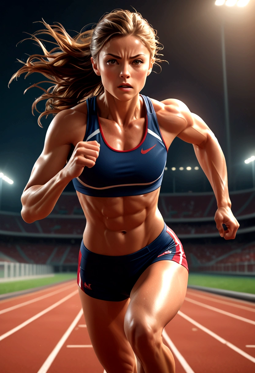 a muscular female athlete, athletic body, strong muscles, running pose, dynamic motion, outdoor sports field, blue sky, sunlight, sweat, determination, sports equipment