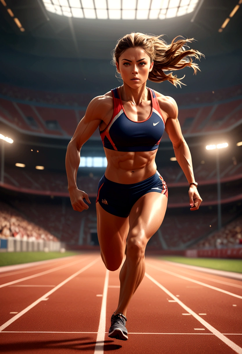 a muscular female athlete, athletic body, strong muscles, running pose, dynamic motion, outdoor sports field, blue sky, sunlight, sweat, determination, sports equipment