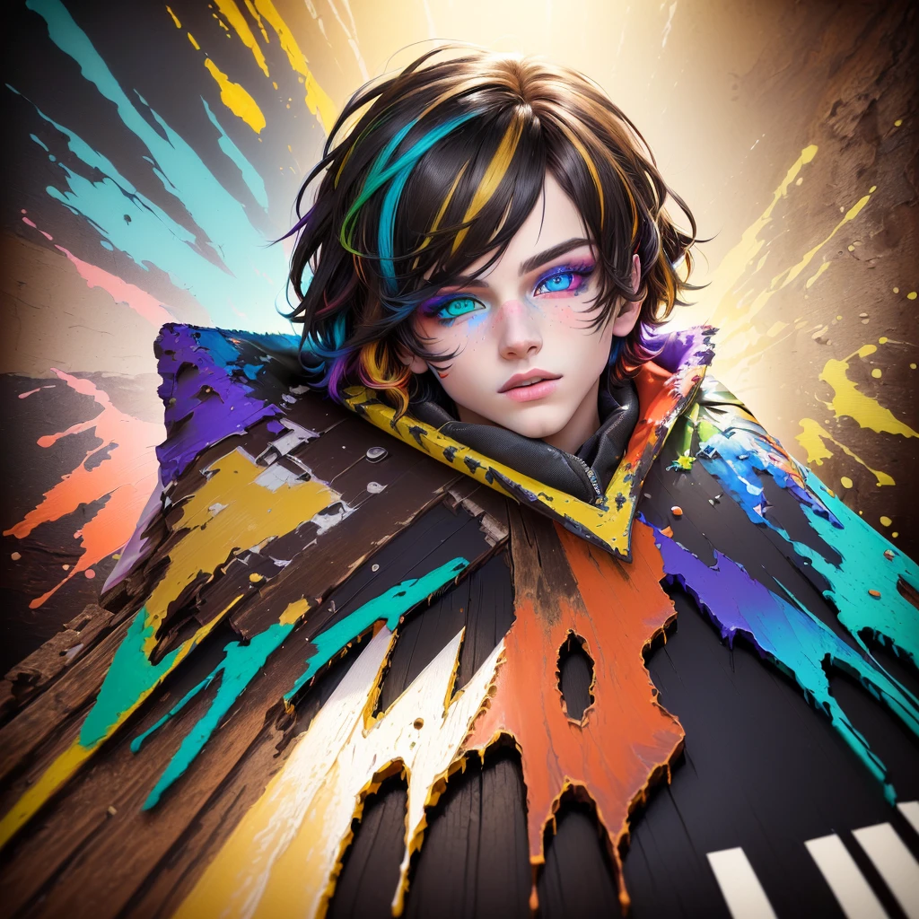 (digital art), (pop art), (phenomenal art), (gorgeous desinger+extreme quality:1.4), (HDR+), light painting, vibrant colors, masterpiece art, a boy with multicolored eyes, with different colors, both with vibrant colors, different, heterochromia, highlighted eyes, different colors, (Wlop's rustic art scene background:1.5)