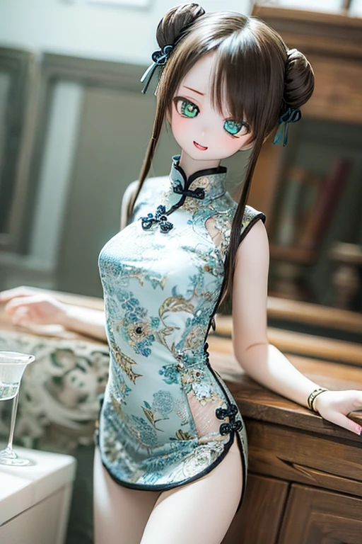 (SFW:2), photorealistic, realistic photo, 8k, ((highest quality)), ((masterpiece)), (extremely detailed), kukolnydom, doll, female, 20yo, 20 years old, solo, ((cowboy shot)), (skinny, slender, slim, light smile, parted lips), green eyes, brown hair, double buns, (plastic skin, looking at another, glass eyes, shining eyes, detailed eyes, detailed face:1.3), china dress, qipao, chinese room
