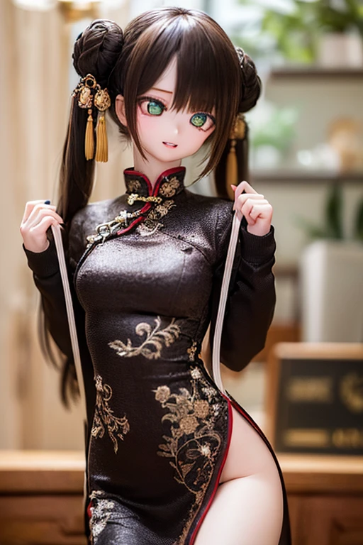 (SFW:2), photorealistic, realistic photo, 8k, ((highest quality)), ((masterpiece)), (extremely detailed), kukolnydom, doll, female, 20yo, 20 years old, solo, ((cowboy shot)), (skinny, slender, slim, light smile, parted lips), green eyes, brown hair, double buns, (plastic skin, looking at another, glass eyes, shining eyes, detailed eyes, detailed face:1.3), china dress, qipao, chinese room