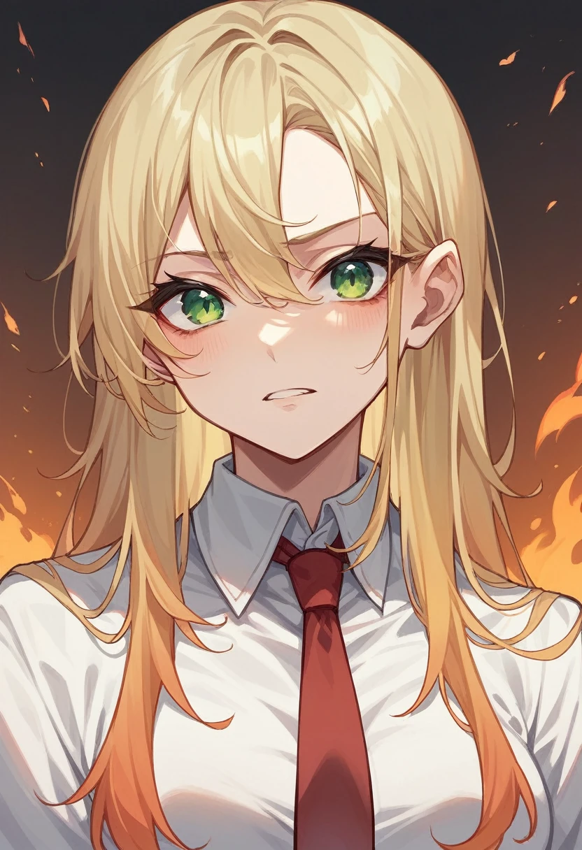 A girl with blonde and orange gradient hair、long、Green eyes、Wearing a red tie、Controlling Fire