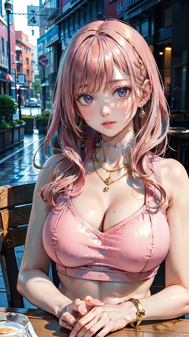 (Masterpiece, BestQuality:1.3), (ultra detailed:1.2), (hyperrealistic:1.3), (RAW photo:1.2), High detail RAW color photo, professional photograph, (Photorealistic:1.4), (realistic:1.4), professional lighting, perfect anatomy, (Big Breasts), (blush, detailed face), (cheerful Smile:1.5), (Pink Hair:1.5), Trending Hair&Trending Hairカラーをランダムに, earrings, necklace, bracelet, sexly, erotic sexly, Random sexy gravure poses, (At a cafe terrace in the downtown area、A stunning beauty in a red crop top and it at the table、Glancing provocatively at the camera。A gold chain necklace adorns the chest。: 1.3)