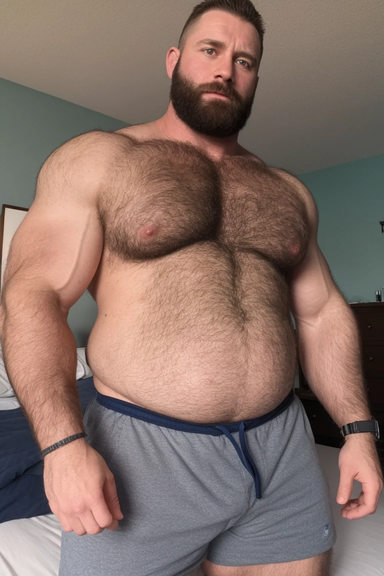 8K HDR Very Realistic Real Very Detailed High Quality 8K HDR Very Realistic 46 year old daddy rugged bodybuilder muscle bears man, 8KHDR very realistic detailed hairy, 8KHDR very realistic beared big daddy muscle bear, and 8KHDR very realistic detailed rugged burly man in shorts. 8KHDR Very Realistic legs, 8KHDR very realistic hair, 8KHDR very realistic beards, 8KHDR very realistic thick chubby fat neck, 8KHDR very realistic neck lines, 8KHDR very realistic detailed neck, 8KHDR very realistic belly, 8KHDR very realistic burly chest, 8KHDR very realistic detailed hairy burly strong chest and arms, 8KHDR very realistic detailed hairy burly strong chest and arms, 8KHDR very realistic pecs, 8KHDR very realistic burly muscle bear body, 8KHDR very realistic nipples, 8KHDR very realistic burly muscle bear body, 8KHDR very realistic face, 8KHDR very realistic detailed face, 8KHDR very realistic eyes, 8KHDR very realistic detailed eyes, 8KHDR very realistic pupils, 8KHDR very realistic detailed pupils, 8KHDR very realistic head, 8KHDR very realistic waist, 8KHDR very realistic facial features, 8KHDR very realistic burly arms, 8KHDR very realistic elbows, 8KHDR very realistic hands, 8KHDR very realistic pecs, 8KHDR very realistic belly, 8KHDR very realistic human man body, 8K HDR very realistic bellybutton, 8KHDR very realistic wrists, 8KHDR very realistic fingers, 8KHDR very realistic fingernails, 8KHDR very realistic shoulders, 8KHDR very realistic mouth, 8KHDR very realistic lips, 8KHDR very realistic mens clothing, 8KHDR very realistic detailed mens clothing. 8KHDR Very Realistic Hairy Bearded Burly Muscle bear Photoshoot, 8KHDR A very realistic burly muscle bear man in a bedroom, 8KHDR Very Realistic Intricately Detailed, 8KHDR very realistic detailed bedroom surroundings, 8KHDR very realistic surroundings lighting, No Deformities, captured with a 85mm lens, 8K HDR Very Realistic, 8K HDR Clear HDR Quality full with very realistic real details