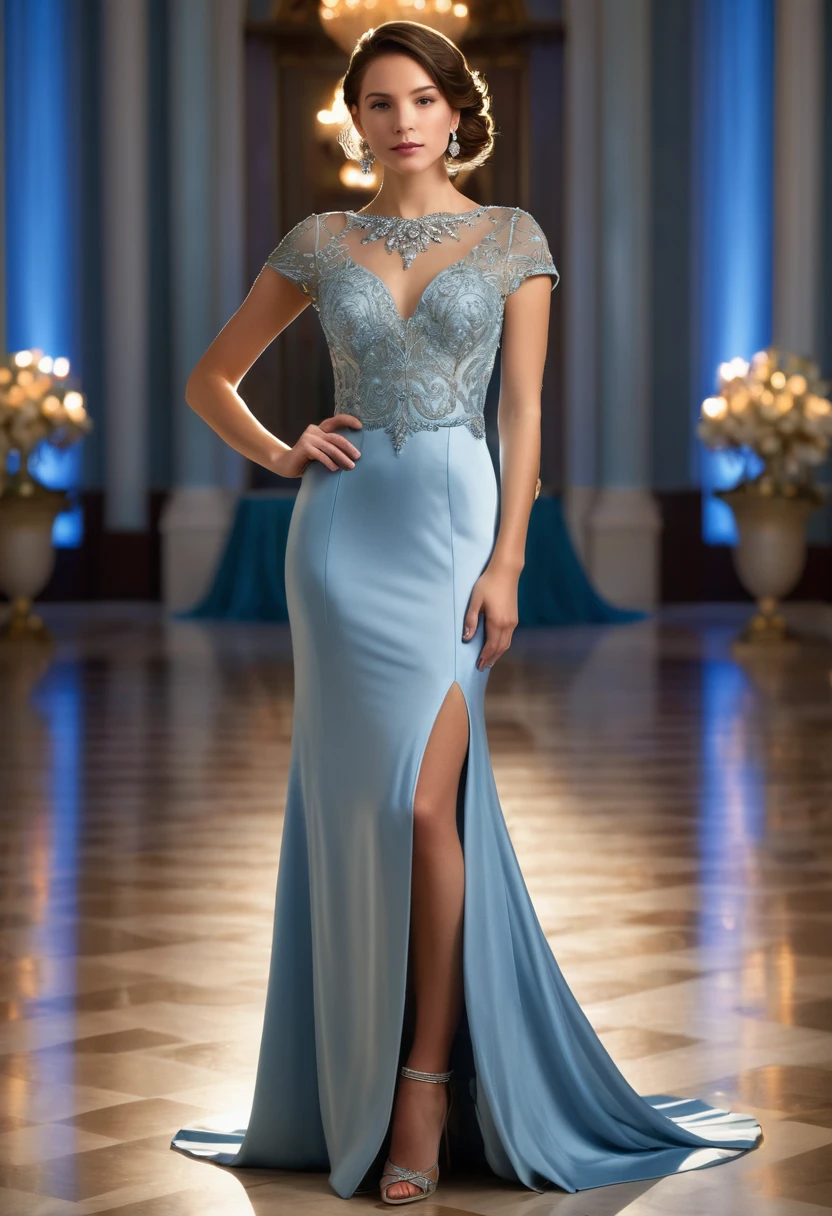 Full length ,"A young woman in an elegant, light blue evening gown short sleeve attending a formal event. She is wearing a uniquely designed and beautiful dress, complemented by luxurious jewelry and accessories. The background features a grand and lavish hall with warm, inviting lighting, showcasing a scene of splendor and beauty."
