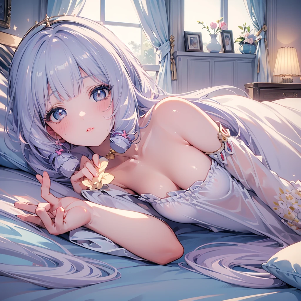 ((masterpiece)), ((Best Quality 4k)), (Ultra-detailed), anime style, cute, 1 girl lying on the bed, beautiful detailed eyes, beautiful detailed lips, extremely detailed face, long eyelashes, serene expression, soft lighting, pastel colors, dreamy atmosphere, peaceful, cozy bedroom interior, silk sheets, plush pillows, sunlight filtering through curtains