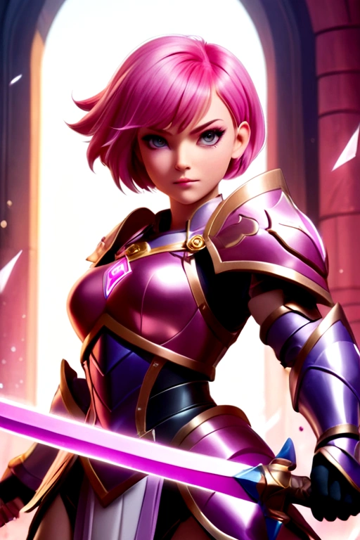 a giant heroic warrior princess with short pink hair, wears pink and purple armor and she wielding a powerful giant diamond sword. Anime themed