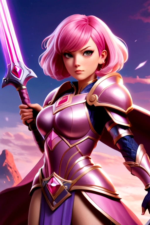 a giant heroic warrior princess with short pink hair, wears pink and purple armor and she wielding a powerful giant diamond sword. Anime themed 