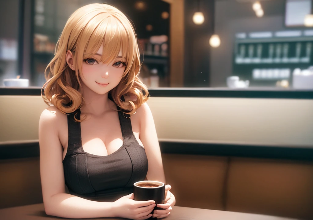 Realistic photos, Focus distance 10mm, Red and white, A big smile, Curly blonde hair, Beautiful girl, Realistic photos, Focus distance 10mmで撮影, masterpiece, 最high quality, high quality, Very detailed CG 8k wallpaper unit, Award-winning photography, Bokeh, Depth of written boundary, High resolution, bloom, chromatic aberration, Realistic, Very detailed, Art Station Trends, CGsociety Trends, Complex, High detail, dramatic, Art on the go, volumetric lighting,A beautiful girl sitting at a cozy café, sipping on a cup of coffee and gazing out of the window with a gentle smile