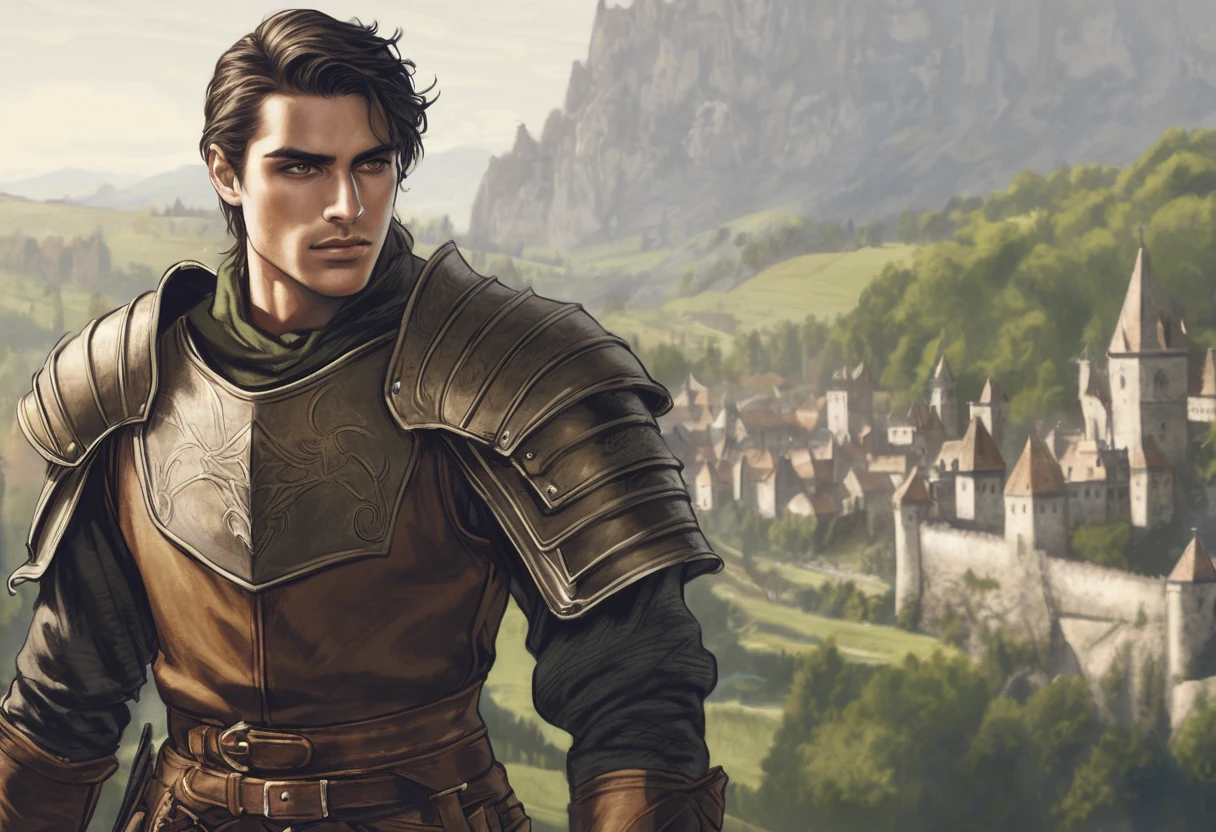 colored pencils, pictorial \(styled\), male rogue from the Elder Scrolls series, trunk, portraite, short dark hair, golden eye, Light green skin, brown leather armor, simple shoulder pad, black leather boots in a medieval European landscape, Dynamic shading, extremely detaild, light and dark colors,