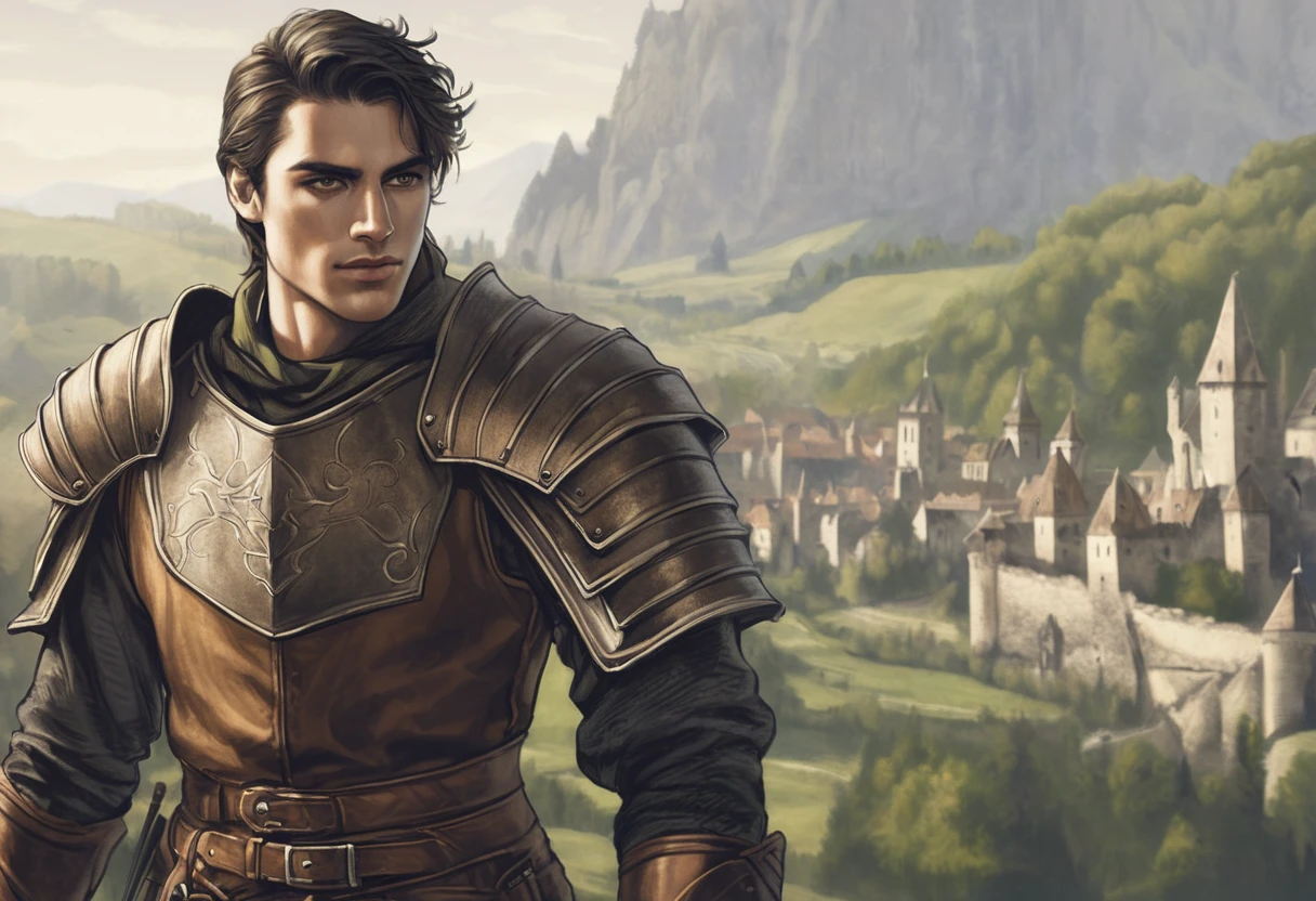 colored pencils, pictorial \(styled\), male rogue from the Elder Scrolls series, trunk, portraite, short dark hair, golden eye, Light green skin, brown leather armor, simple shoulder pad, black leather boots in a medieval European landscape, Dynamic shading, extremely detaild, light and dark colors,