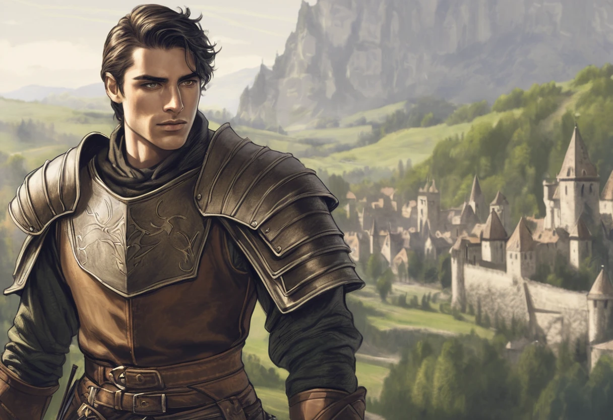 colored pencils, pictorial \(styled\), male rogue from the Elder Scrolls series, trunk, portraite, short dark hair, golden eye, Light green skin, brown leather armor, simple shoulder pad, black leather boots in a medieval European landscape, Dynamic shading, extremely detaild, light and dark colors,