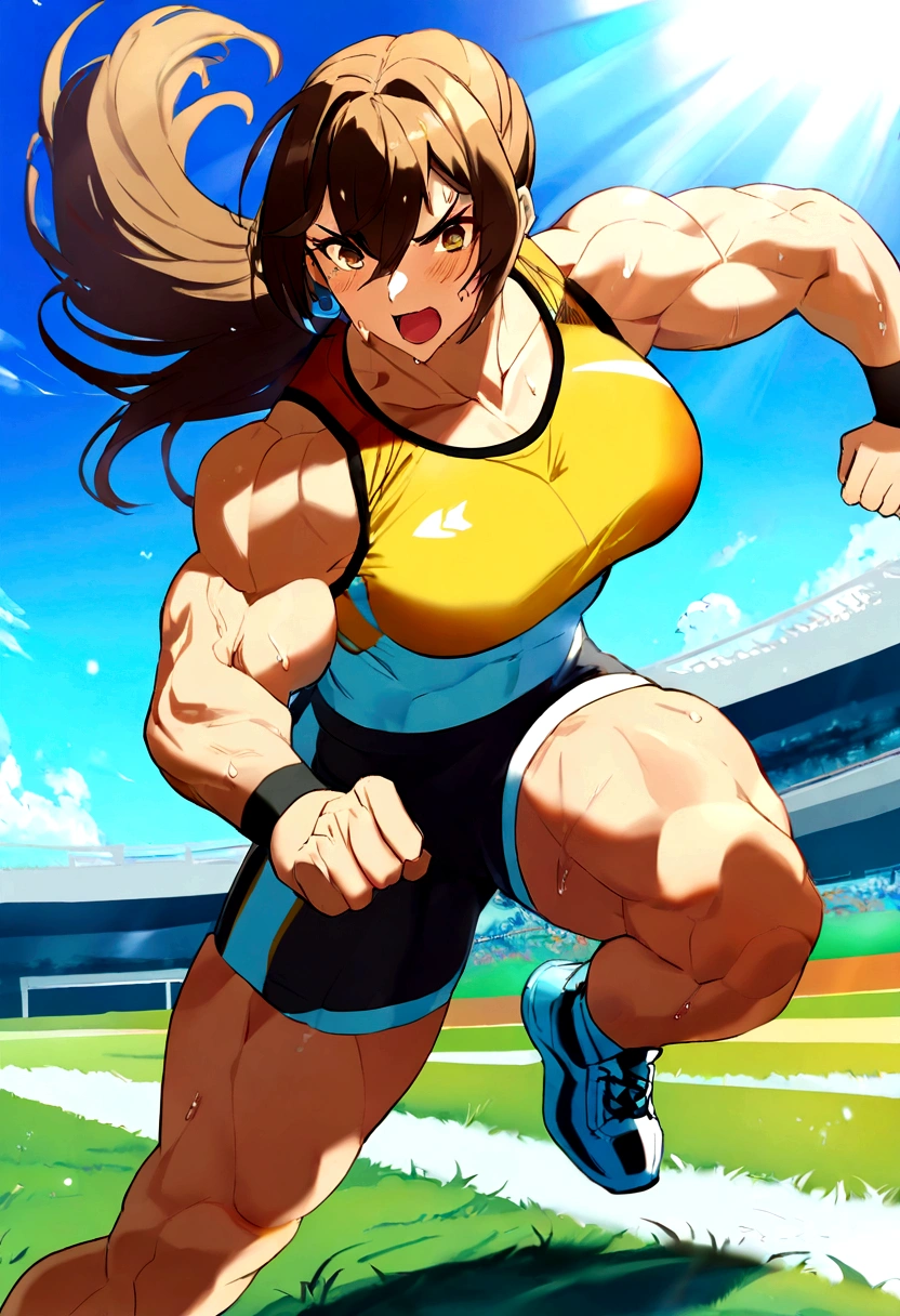 a muscular female athlete, athletic body, strong muscles, running pose, dynamic motion, outdoor sports field, blue sky, sunlight, sweat, determination, sports equipment
