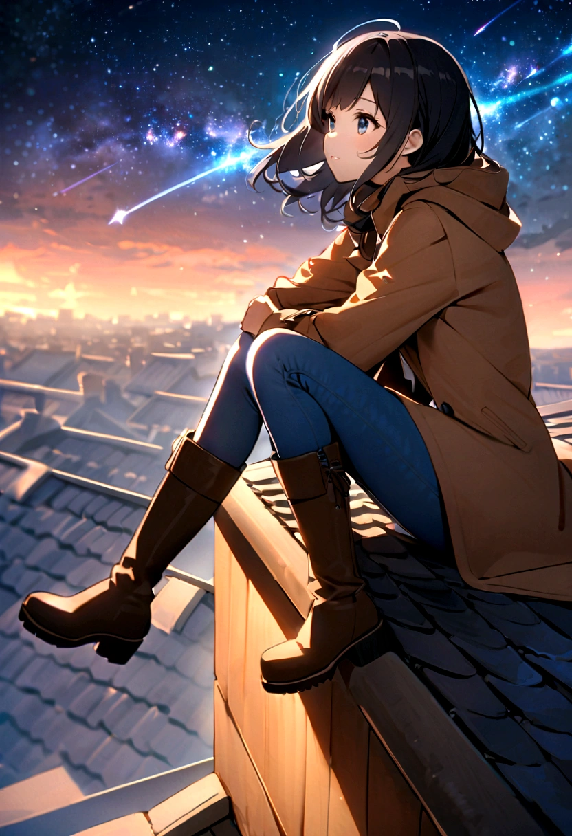 The vast sky: Showing the vastness of the night sky, Let stars and shooting stars take up a large part of the composition., Dynamic meteor: Capturing the motion and energy of meteors streaking across the sky, Create a sense of movement and wonder.There is a girl sitting on the roof, Wearing blue jeans, Brown coat and boots