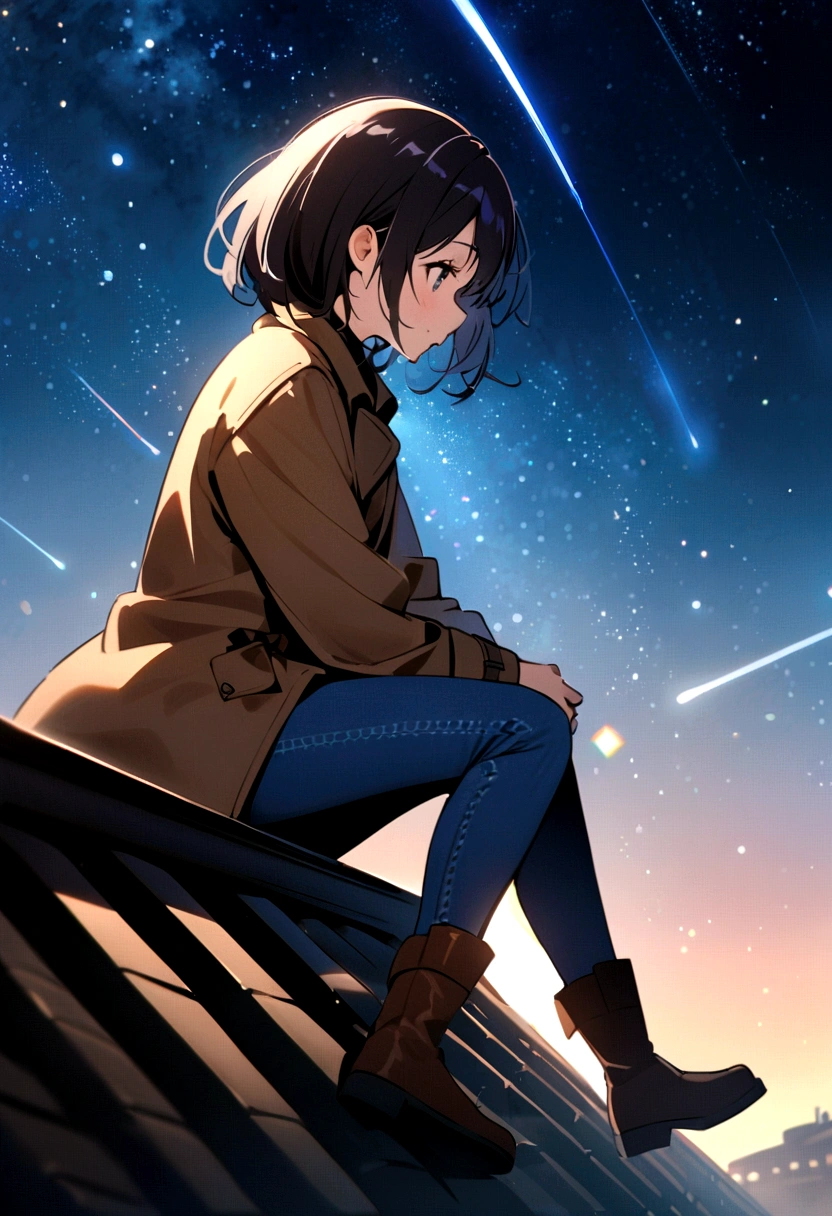 The vast sky: Showing the vastness of the night sky, Let stars and shooting stars take up a large part of the composition., Dynamic meteor: Capturing the motion and energy of meteors streaking across the sky, Create a sense of movement and wonder.There is a girl sitting on the roof, Wearing blue jeans, Brown coat and boots
