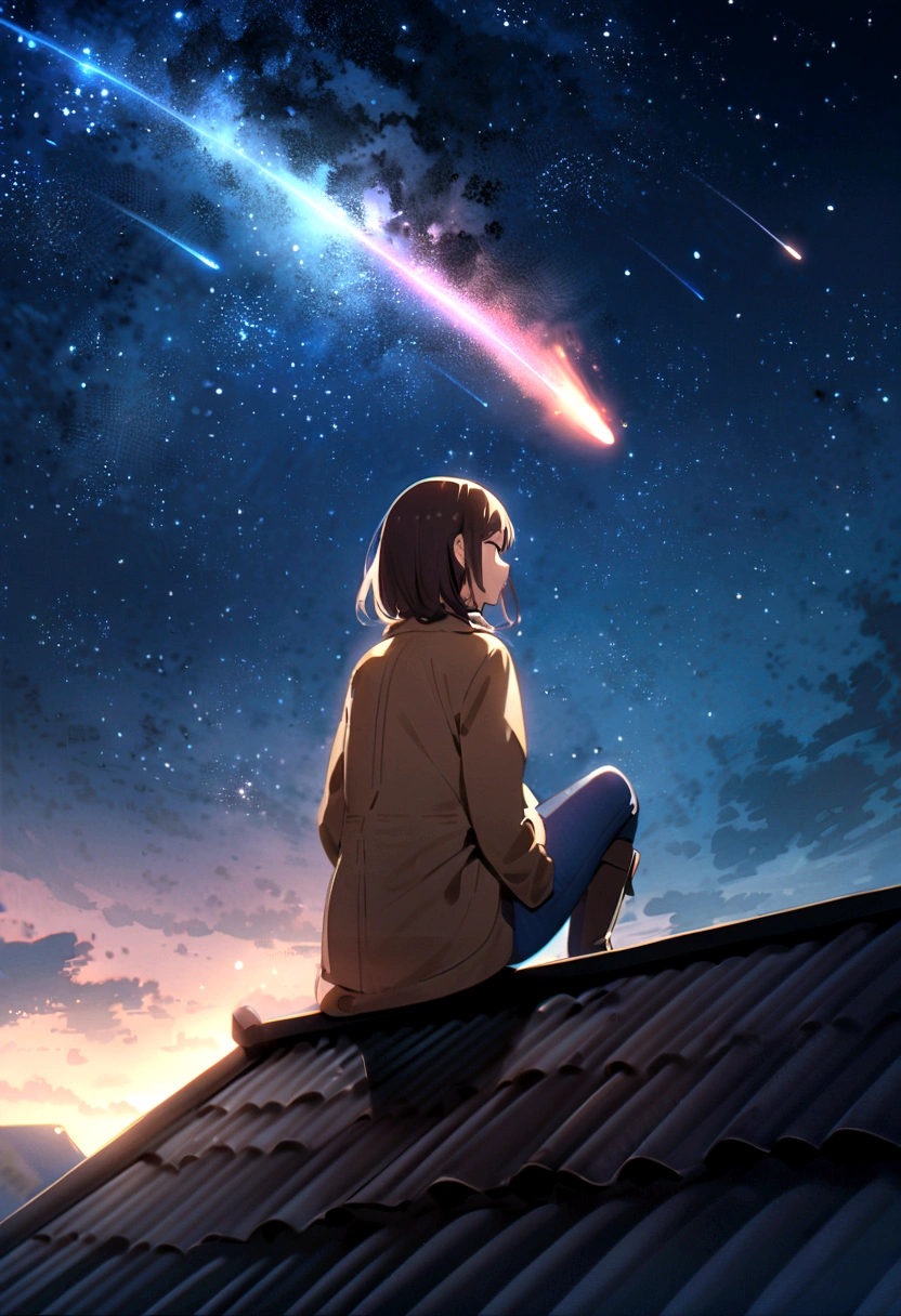 The vast sky: Showing the vastness of the night sky, Let stars and shooting stars take up a large part of the composition., Dynamic meteor: Capturing the motion and energy of meteors streaking across the sky, Create a sense of movement and wonder.There is a girl sitting on the roof, Wearing blue jeans, Brown coat and boots