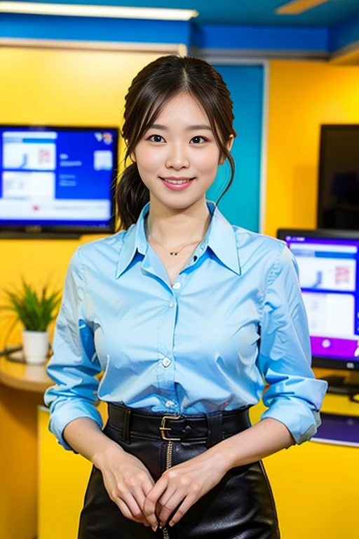 (A beautiful Japanese weathercaster lady, age 28, wearing formal White shirt with buttons & cyan pencil skirt, in a news studio setting, friendly and feminine expressions, kind smile, dimpled chins, cute snaggle-tooth, short bob hair ponytail, symmetrical face, realistic detailed face, beautiful detailed eyes, perfect body proportions, ample round bosoms, photorealistic, hyper-realism, high contrast, ultra HD, realistic skin textures, top image quality, top-quality, super high resolution, fine details, very meticulously, masterpiece, head to knees, serene ambience, The_Cowboy_Shot, bokeh background)