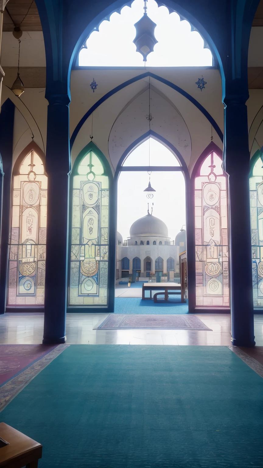 inside mosque, (((colourful))), (((mosque window in background))), (((idlamic architecture))), (((mosque interior details)))