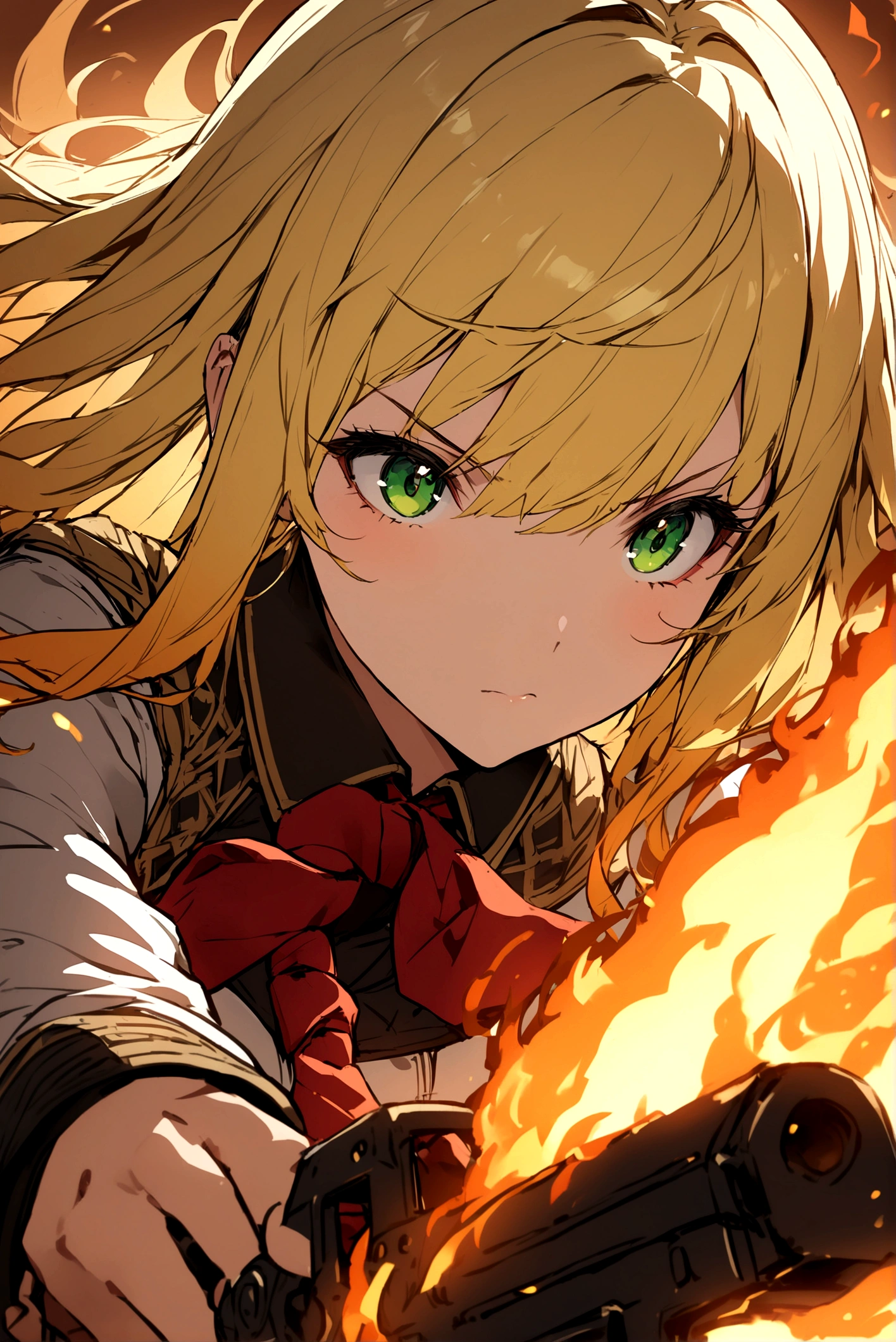 A girl with blonde and orange gradient hair、long、Green eyes、Wearing a red tie、Wearing 、Controlling Fire