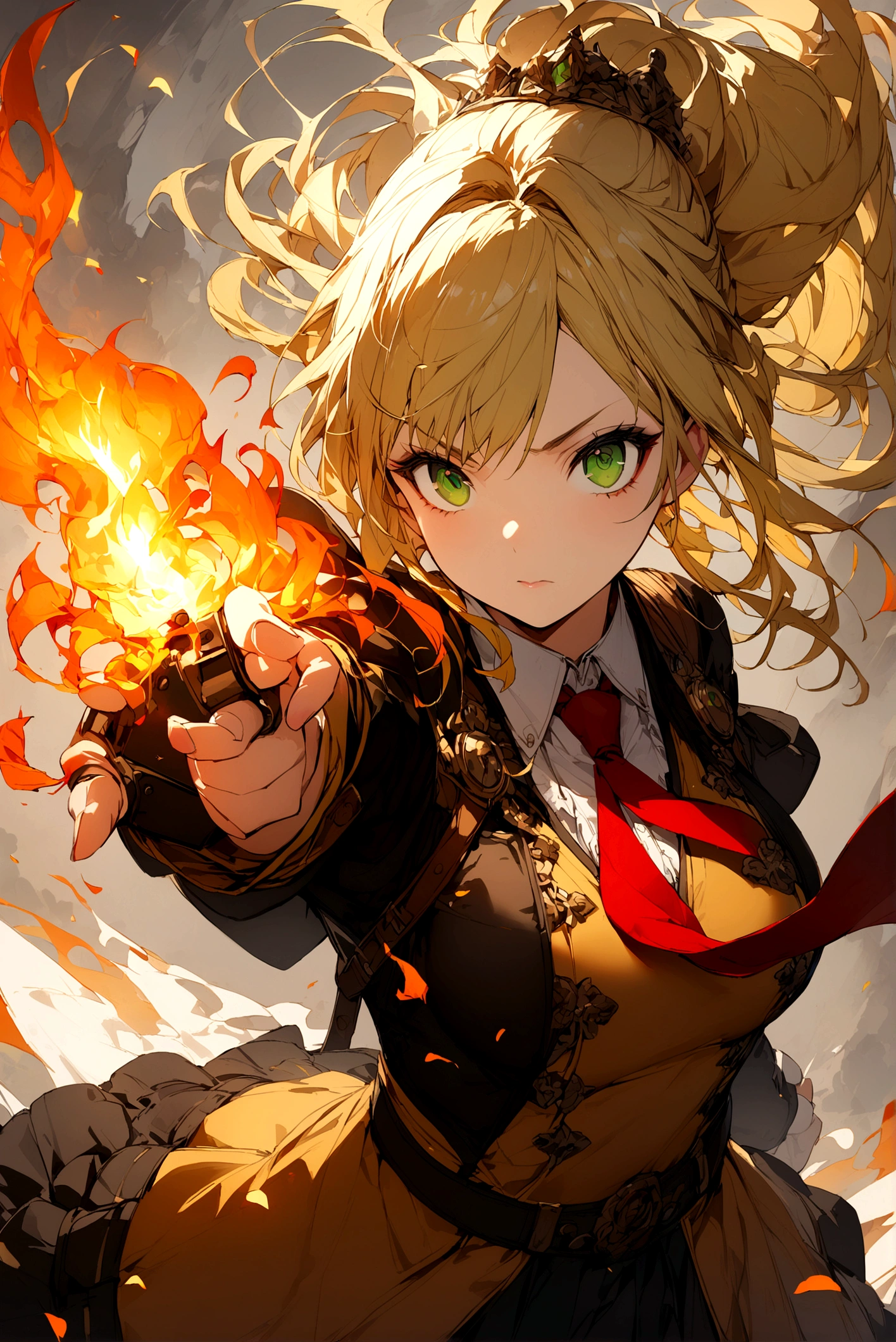 A girl with blonde and orange gradient hair、long、Green eyes、Wearing a red tie、Wearing 、Controlling Fire
