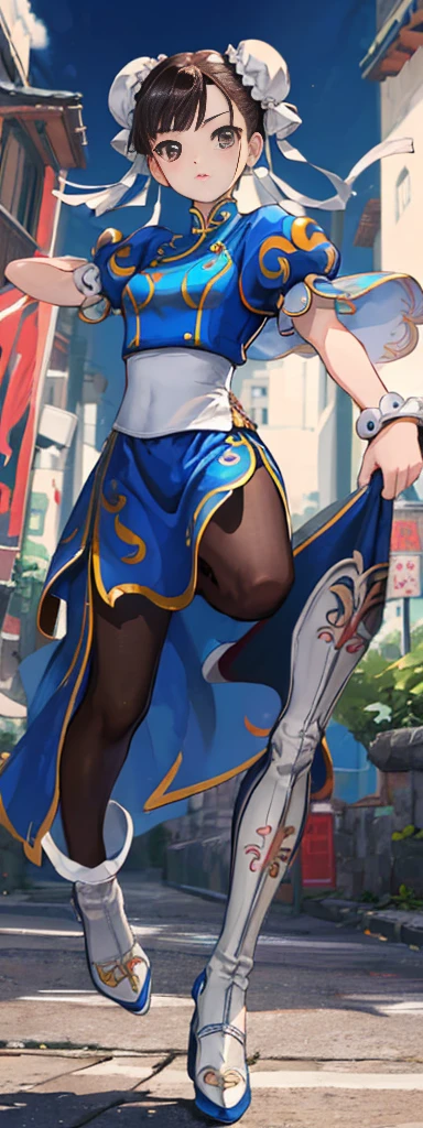 chun-li,((masterpiece)), ((best quality)), ((ultra detailed)), ((kawaii)), cute, (lovely), ((extremely detailed)), ((8K)), (beautiful),flat breast, tiny breast,full body