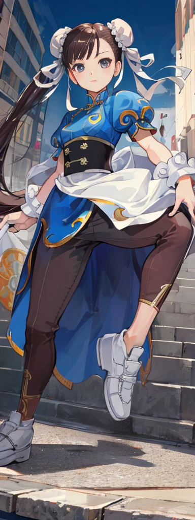 chun-li,((masterpiece)), ((best quality)), ((ultra detailed)), ((kawaii)), cute, (lovely), ((extremely detailed)), ((8K)), (beautiful),flat breast, tiny breast,full body