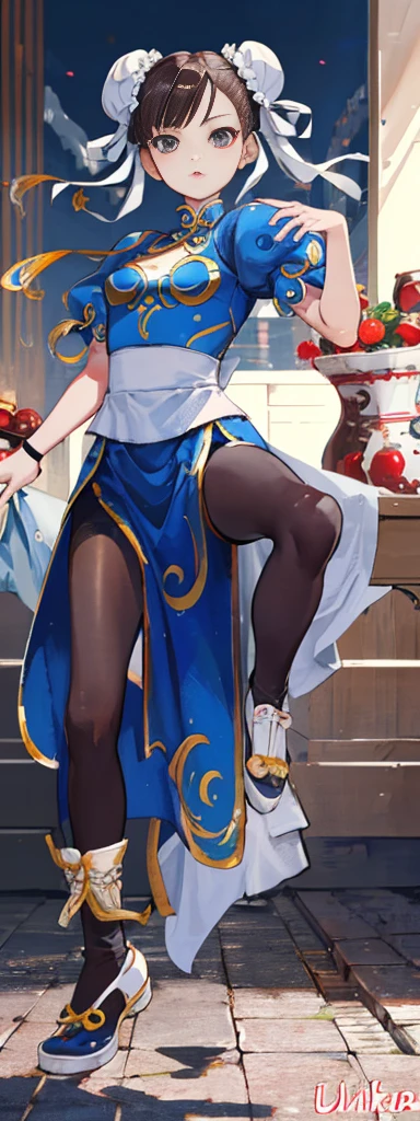 chun-li,((masterpiece)), ((best quality)), ((ultra detailed)), ((kawaii)), cute, (lovely), ((extremely detailed)), ((8K)), (beautiful),flat breast, tiny breast,full body