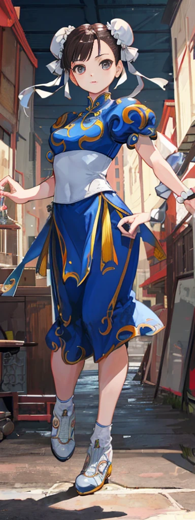 chun-li,((masterpiece)), ((best quality)), ((ultra detailed)), ((kawaii)), cute, (lovely), ((extremely detailed)), ((8K)), (beautiful),flat breast, tiny breast,full body