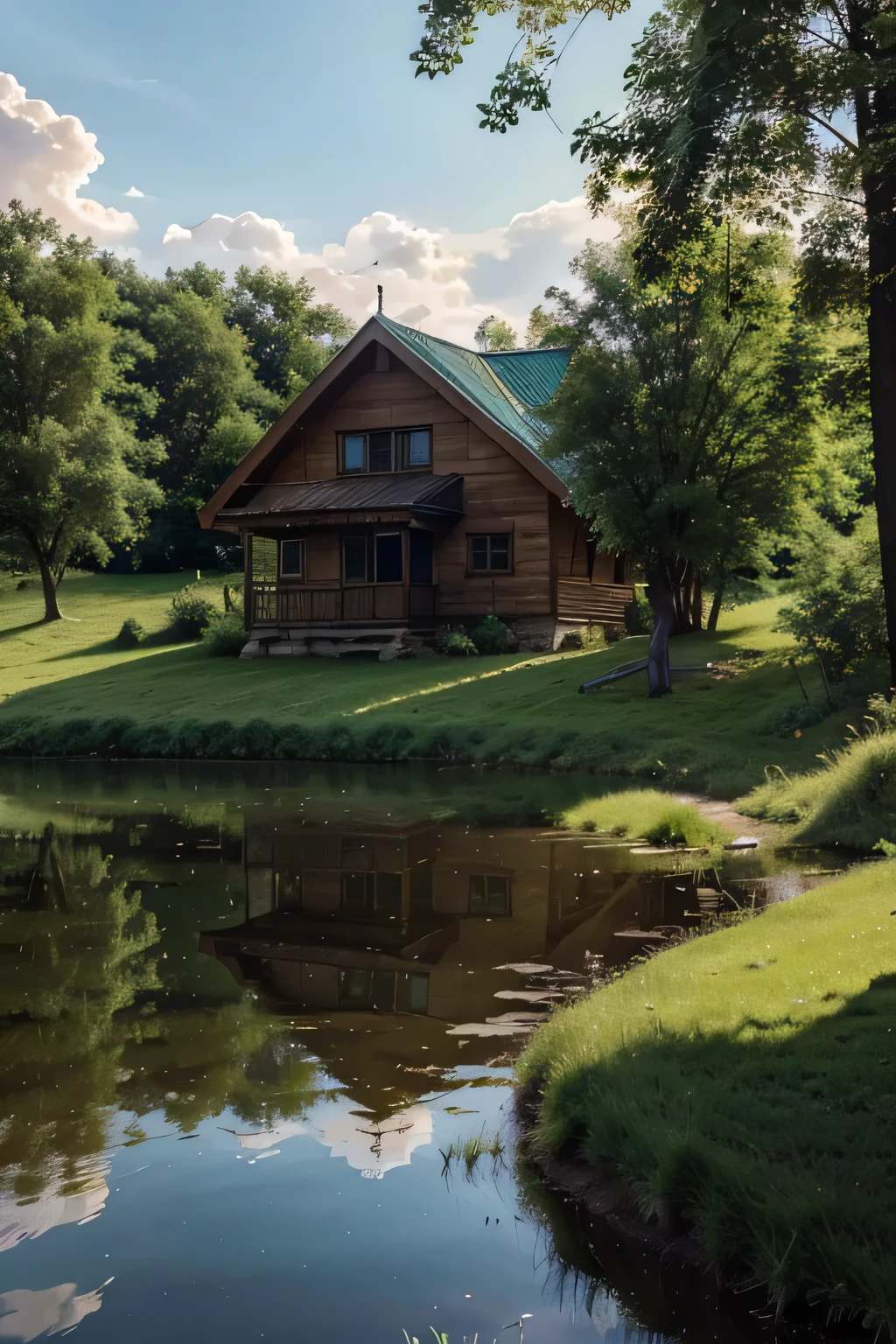 simple wooden house, there are shady trees on the edge of the house, the grass looks green, a stream with clear water is visible in the background, clouds, Clear sky, Russian village 