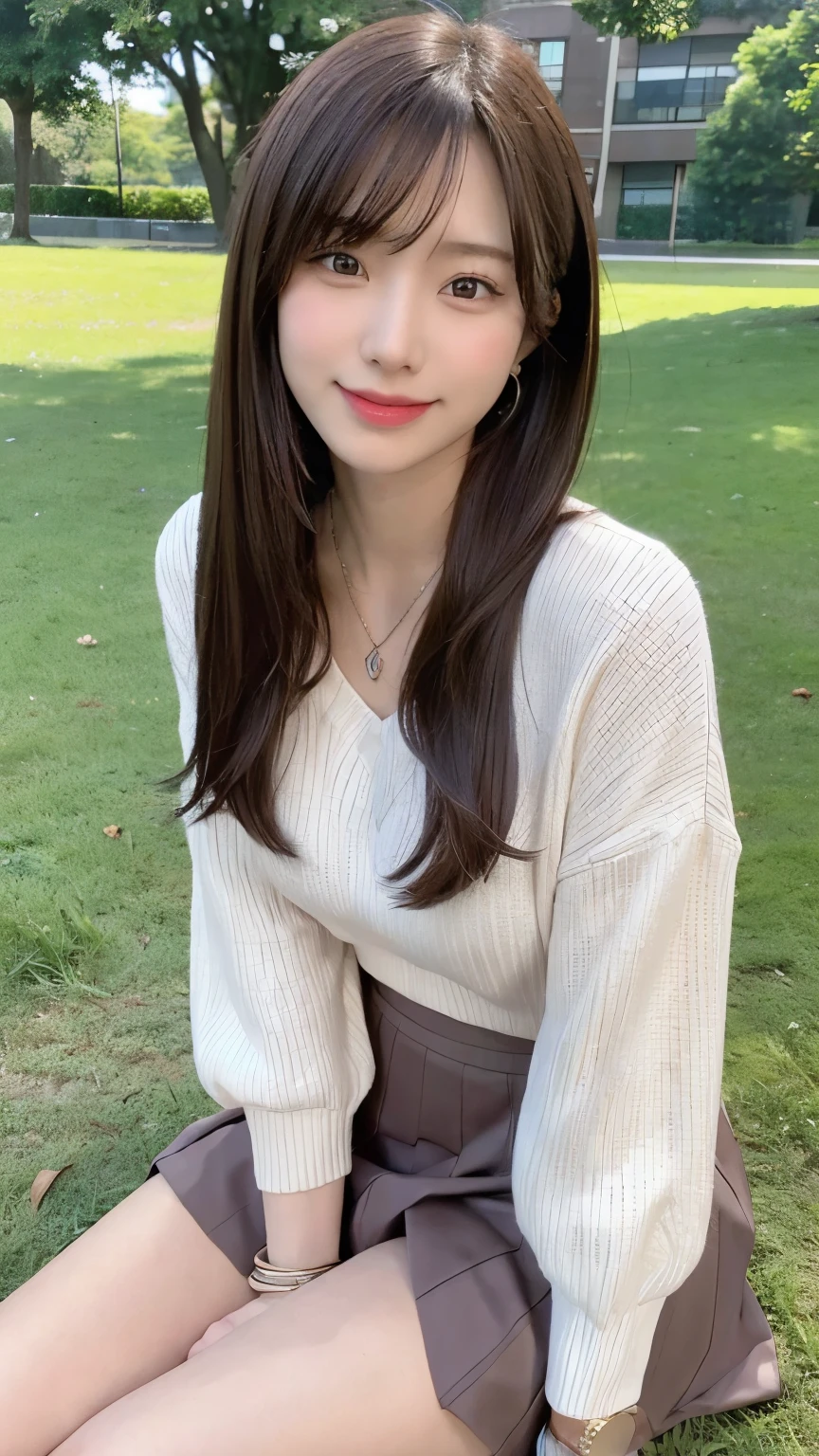 (8k, RAW photo, best quality, masterpiece:1.2), (realistic, photo-realistic:1.4), (extremely detailed 8k wallpaper),
professional lighting,
sharp focus, depth of field, blur background, bokeh, wide shot,
full body,
Japanese high school girl, slender,
on the grass, sitting,
park, dating,
Daytime,
brown long long hair, messy hair,
pink sweater, Mini skirt,
watch, Piercing, bangle, necklace, ring,
laugh,