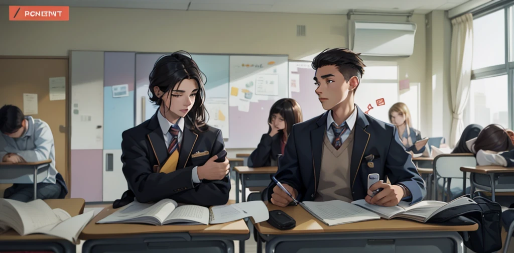 There are two 17 year olds in the classroom, they have a cell phone in their hand, they are talking, they pass the cell phone to their friend.