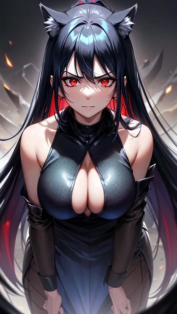 An adult woman, half wolf, black and blue hair, black ears, shining red eyes, wearing a black and blue dress, very angry, wide breasts, holding a sword