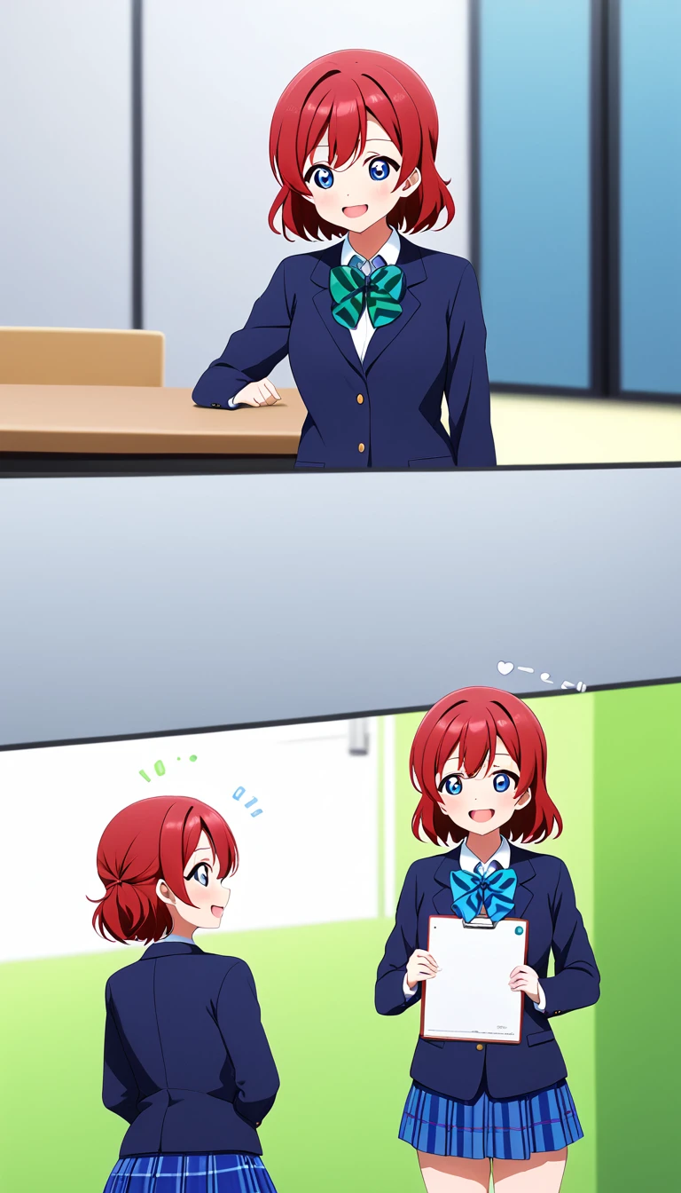 Multiple girls, 2girls,Two anime girls,love live! ,wearing otonokizaka ,winter uniforms, navy blue blazer,blue striped bow tie, blue and red pleated skirt, smile,standing, talking each other,in school,from front,cowboy shot BREAK score_9, score_8_up, score_7_up, score_6_up, source_anime