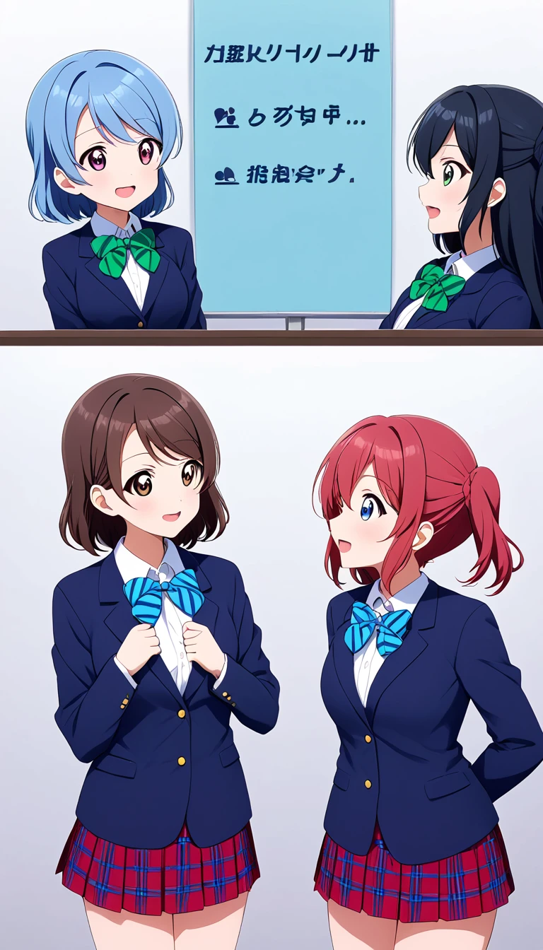 Multiple girls, 2girls,Two anime girls,love live! ,wearing otonokizaka ,winter uniforms, navy blue blazer,blue striped bow tie, blue and red pleated skirt, smile,standing, talking each other,in school,from front,cowboy shot BREAK score_9, score_8_up, score_7_up, score_6_up, source_anime