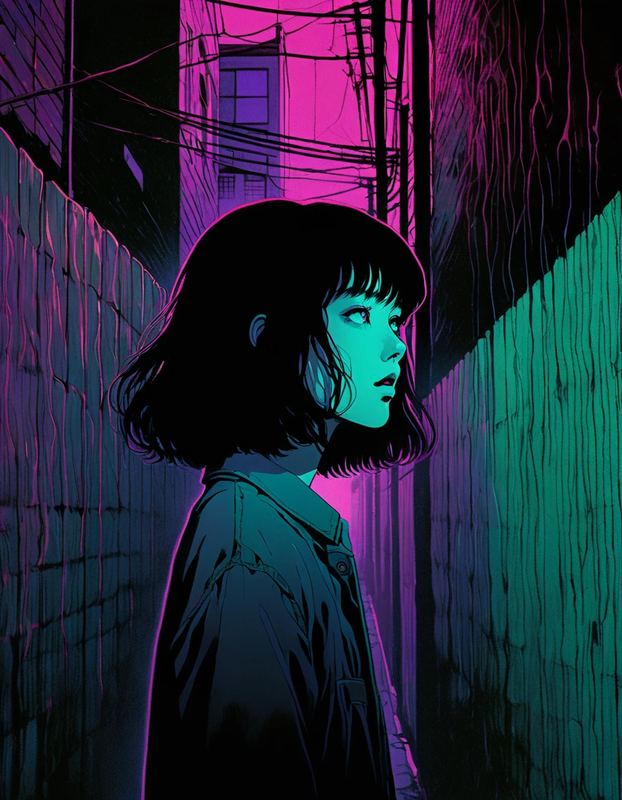 illust、art、from 80s horror movie, directed by Junji Ito、darkness、Young Man, Alley、nightmare、anxiety、high detail, realsitic shadow、Analog style, vhs style, 8mm film, chromatic aberration, Dvd screengrab、Surrealism