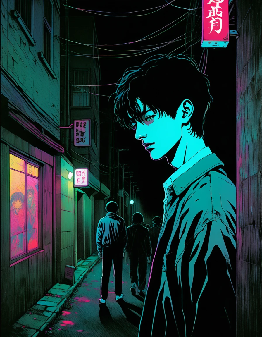 illust、art、from 80s horror movie, directed by Junji Ito、darkness、Young Man, Alley、nightmare、anxiety、high detail, realsitic shadow、Analog style, vhs style, 8mm film, chromatic aberration, Dvd screengrab、Surrealism
