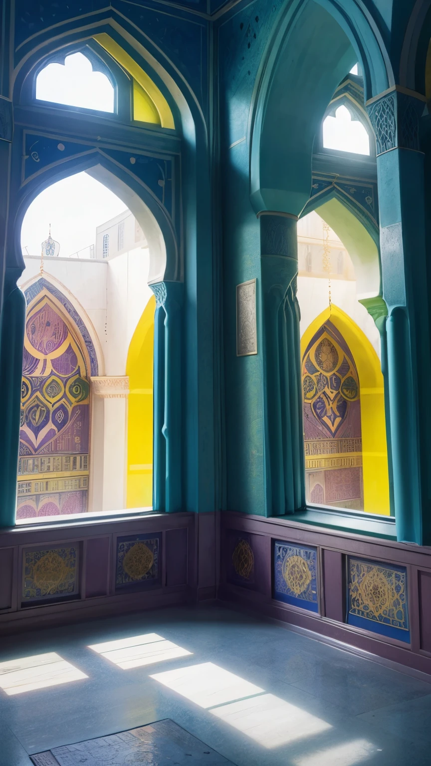 inside mosque, (((colourful))), (((mosque window in background))), (((idlamic architecture))), (((mosque interior details)))