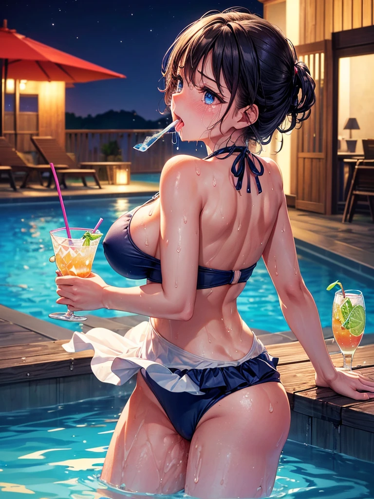Highest quality,Highest Resolution,A crying beauty in a super high-cut swimsuit,Night Pool,Night view,Back view,up,Very beautiful eyes,(((Drink a drink))),(((Open your mouth and drool))),(((Sweat profusely)))Tears,Big Breasts,(((Tback)))