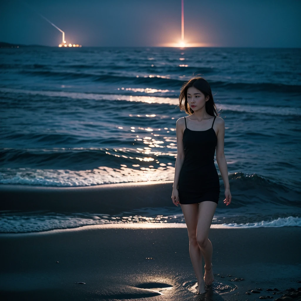 ((masterpiece, best quality)), night, Thin clothes, girl, Put one foot in the water with only the toes, girl standing, girl sideways, girl between the horizon and the sea, View from the side, Ripples spread from the toes, The scene of the incident was about 20 meters away from us, above sea level, night, The whole scene sparkles, There is a meteor shower