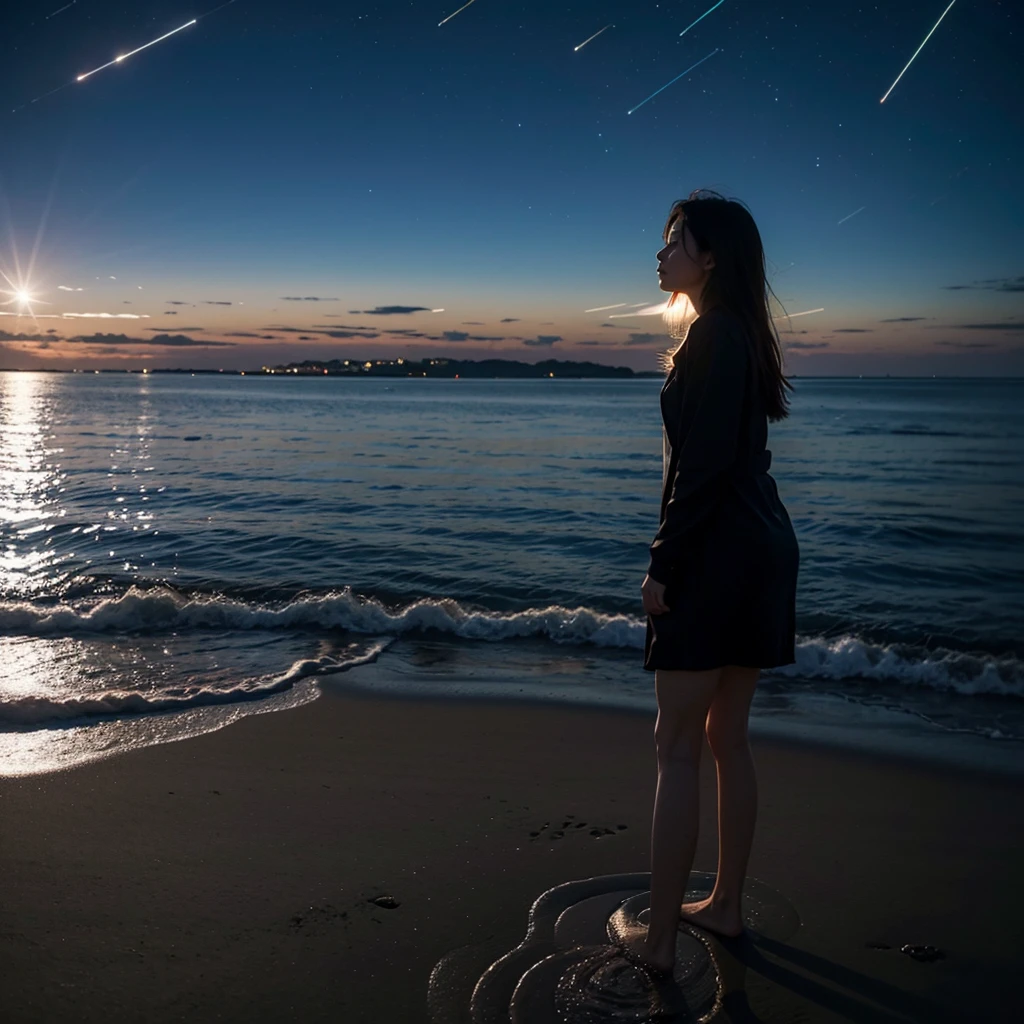 ((masterpiece, best quality)), night, Thin clothes, girl, Put one foot in the water with only the toes, girl standing, girl sideways, girl between the horizon and the sea, View from the side, Ripples spread from the toes, The scene of the incident was about 20 meters away from us, above sea level, night, The whole scene sparkles, There is a meteor shower
