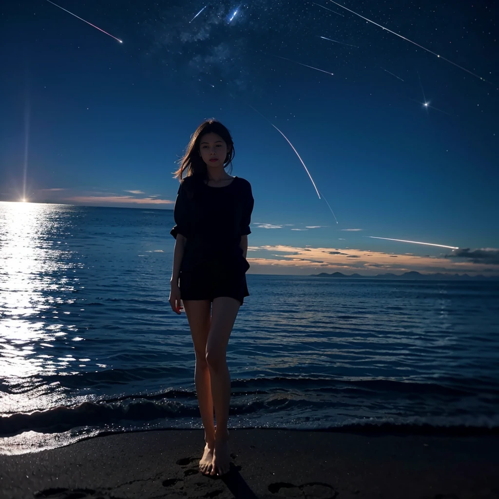((masterpiece, best quality)), night, Thin clothes, girl, Put one foot in the water with only the toes, girl standing, girl sideways, girl between the horizon and the sea, View from the side, Ripples spread from the toes, The scene of the incident was about 20 meters away from us, above sea level, night, The whole scene sparkles, There is a meteor shower