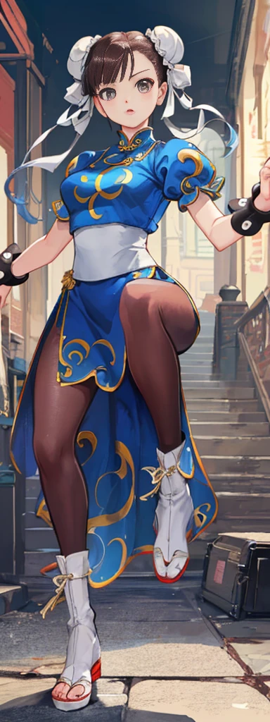 chun-li,((masterpiece)), ((best quality)), ((ultra detailed)), ((kawaii)), cute, (lovely), ((extremely detailed)), ((8K)), (beautiful),flat breast, tiny breast,full body