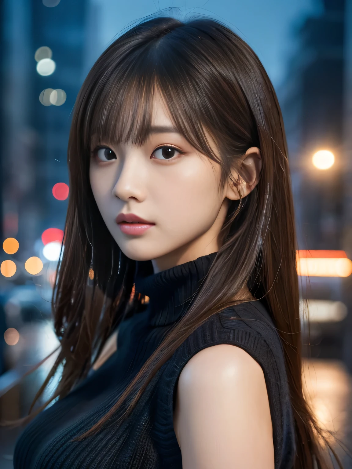 ​masterpiece, 1 beautiful girl, detailed eye, Puffy eyes, top-quality, high resolution, (Realisticity: 1.4), cinematlic lighting, Asian Beauty, Korea idol, Super beauty, Beautiful skin, slender, (A hyper-realistic), (hight resolution), (8K), (ighly detailed), (beautifully detailed eyes), (ultra-detailliert), (wall), detailed face, Bright lighting, profetional lighting, looking at viewert, Facing straight ahead, Black knitwear, oblique bangs, nighttime scene, Brown hair, age19, tall,