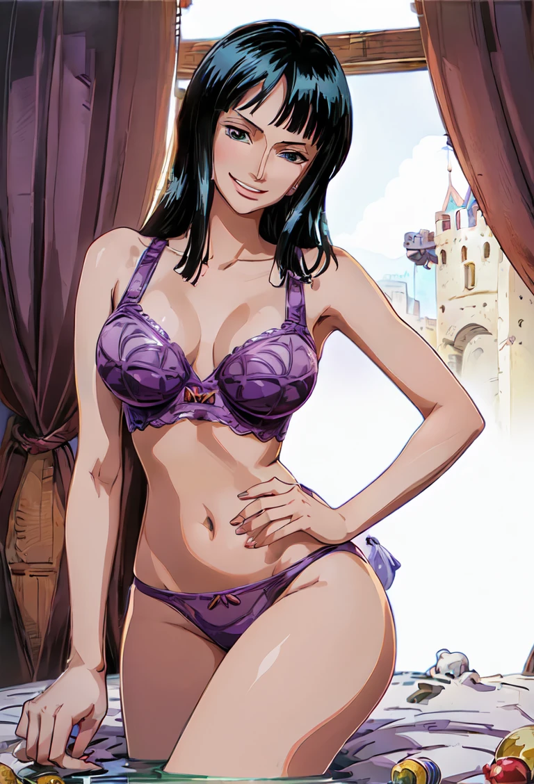 ((((panties:1.2))))、(((Cowboyshot:1.5))), (((smile coolly:1.3)))、best quality, masterpiece,1girl 、(((Light purple lingerie highest quality、Light purple bra and light purple panties, Writing about underwear is complicated、The delicate pattern of)))、(((huge breasts))), Beautiful sunlight,(((( on the castle)))), One Piece character nico robin, long black hair, extremely beautiful, looking at the viewer, standing in a lingerie.(top-quality, 8K, masterpiece:1.3)), A detailed eye, (looking at from the front), Look at the camera, ((Everything is sparkling、reflecting light:1.2)), (portrait), 1 person, nico robin ((one piece)), Beautiful woman with perfect body, Highly detailed facial and skin texture, all fingers pointing at viewer,(((Beautiful Light purple lingerie highest detail)))、nico robin、Long black hair、Big Eyes、Serious expression、clear lips、Arched eyebrows、Smooth nose、Earrings、Bangs flowing sideways、
((Drawing style of One Piece manga series))