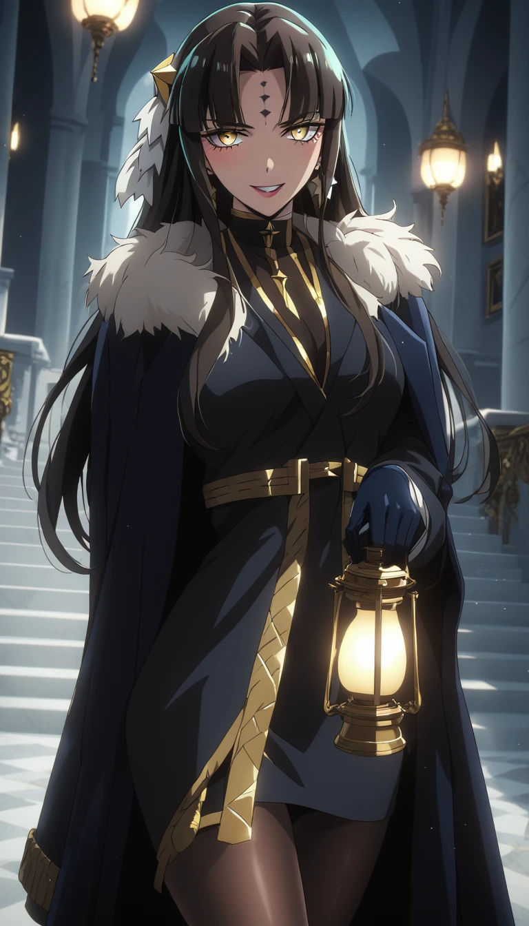 (harayutaka art style:0.7), score_9, score_8_up, score_7_up, score_6_up, uncensored, michiko tanaka, long hair, black hair, hair ornament, forehead mark, yellow eyes, BREAK (masterpiece:1.2), best quality, high resolution, (detailed eyes:1.3), perfect lighting, (perfect hands, perfect anatomy), medium breasts, smirk, upper teeth, 1girl, gloves, black_gloves,  black_legwear, looking_at_viewer, coat, breasts, fur_collar, jewelry, holding, solo, dress, pantyhose, standing, lamp, 