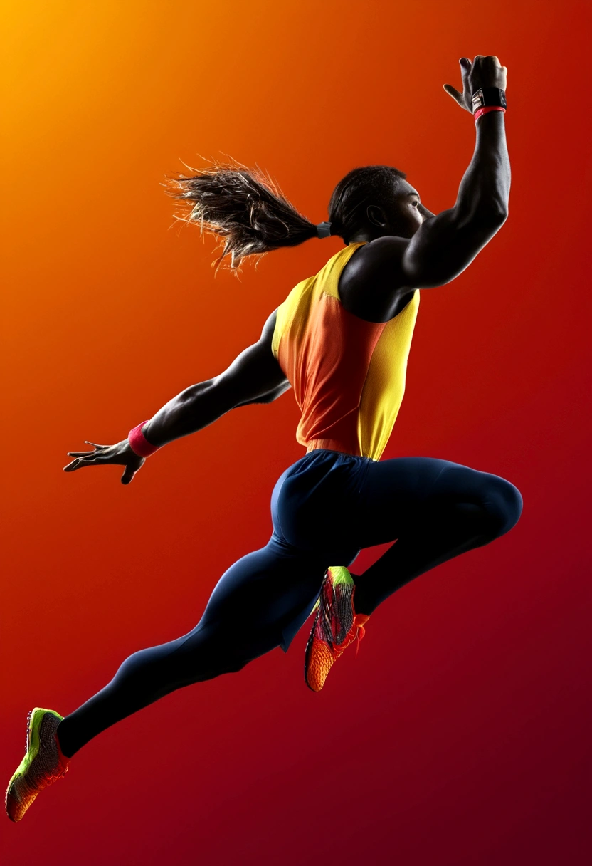 a muscular female athlete, athletic body, strong muscles, running pose, dynamic motion, outdoor sports field, blue sky, sunlight, sweat, determination, sports equipment