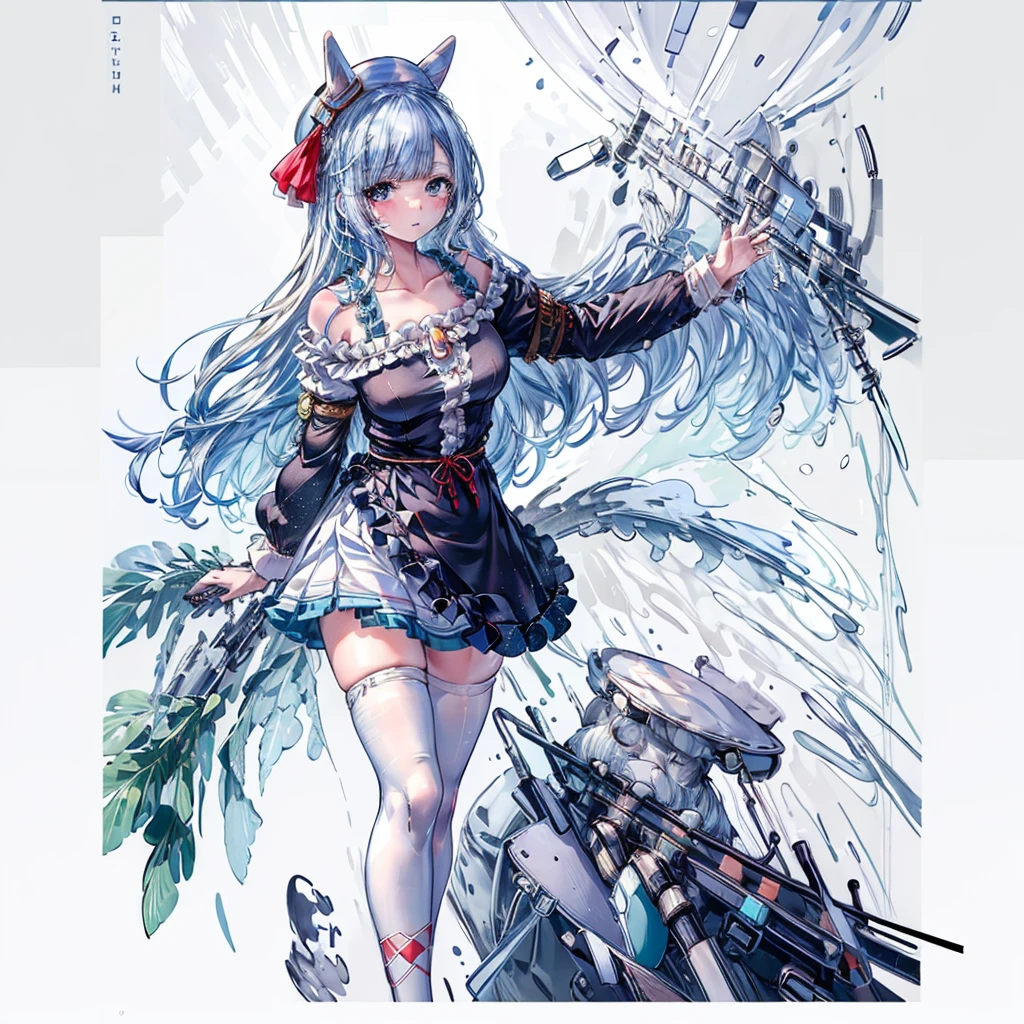 ((Highest quality)), ((masterpiece)), ((detailed)), (4K), 1girl, breasts, 独奏, nurse, nurse cap, cleavage, hat, large breasts, thighhighs, mole, blush, long hair, mole under eye, looking at viewer, hospital, white thighhighs, blue hair, collarbone