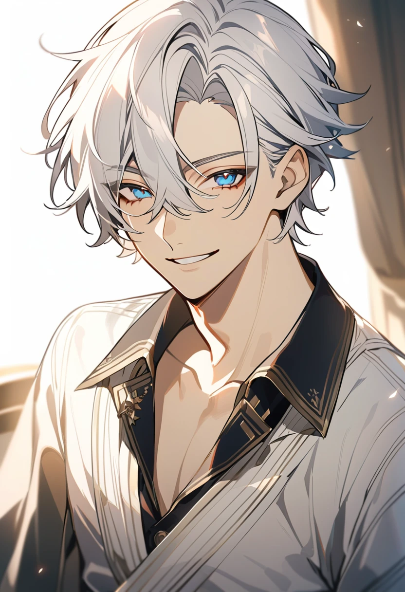 Handsome, solo, 1 male, very short hair, gold eyes, white hair, smile facial, ((shirt)), blue eyes, загадочное выражение лица, (((загадочная улыбка)))